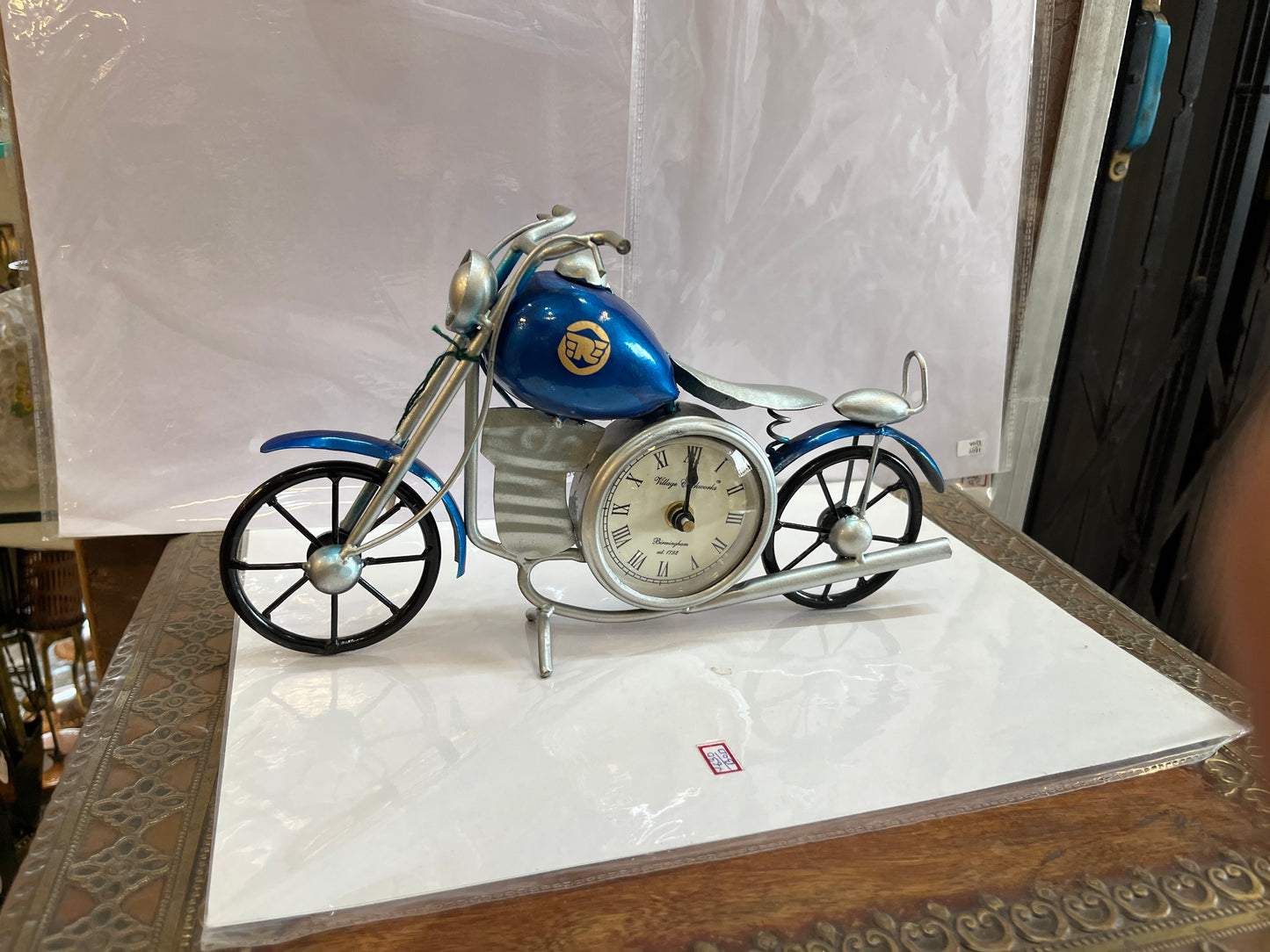 Handcrafted Blue Metal Motorcycle Clock Figurine