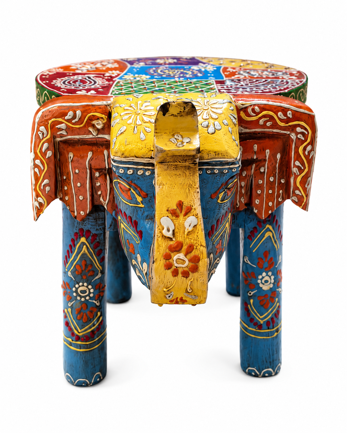 Rajasthani Hand-Painted Blue Wooden Elephant Stool