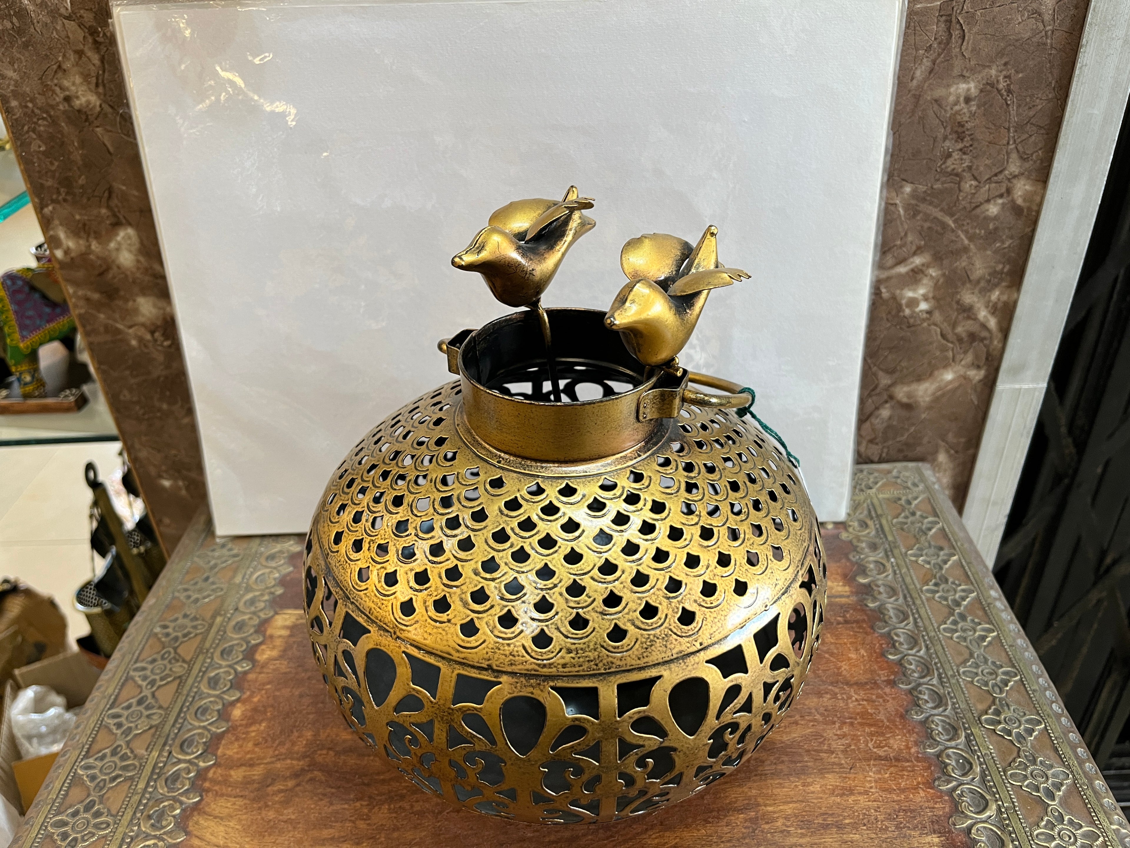 Handcrafted Decorative Bird-Topped Metal Lantern
