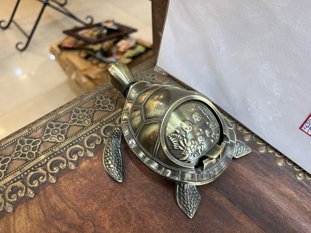 Handcrafted Antique-Finish Metal Turtle Ashtray & Trinket Box