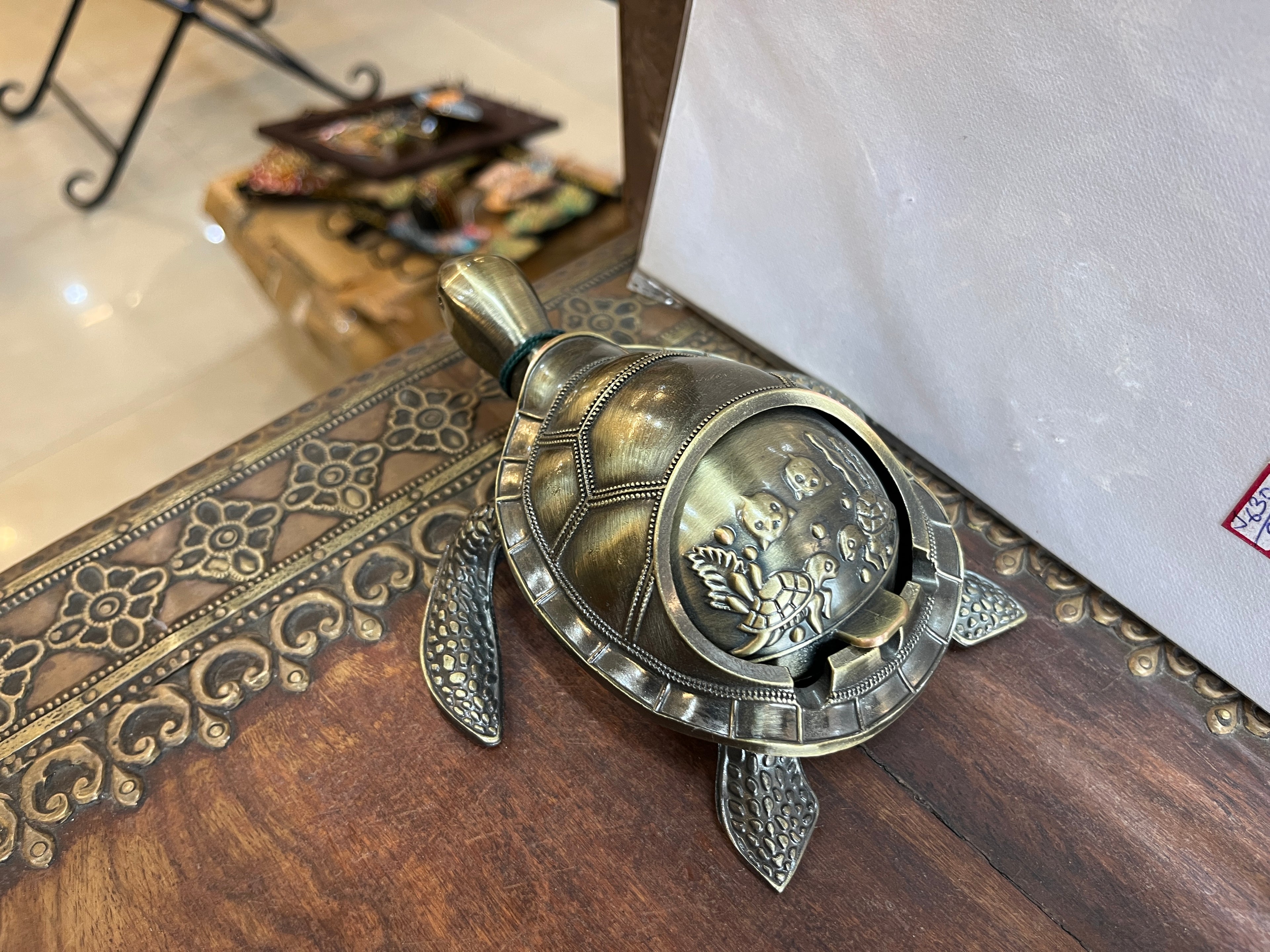 Handcrafted Antique-Finish Metal Turtle Ashtray & Trinket Box