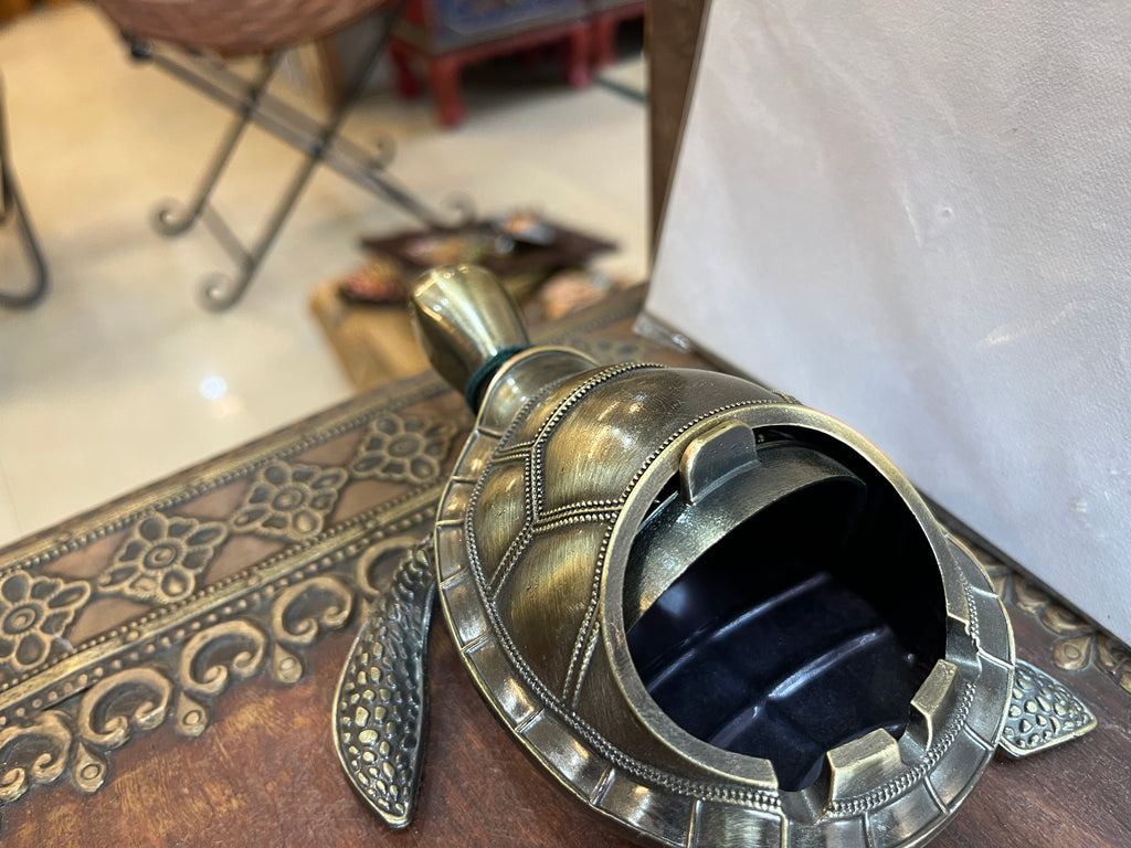 Handcrafted Antique-Finish Metal Turtle Ashtray & Trinket Box