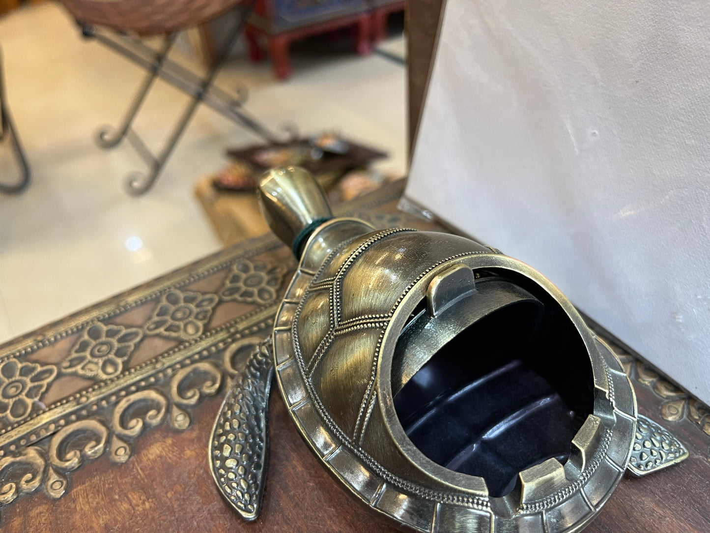 Handcrafted Antique-Finish Metal Turtle Ashtray & Trinket Box