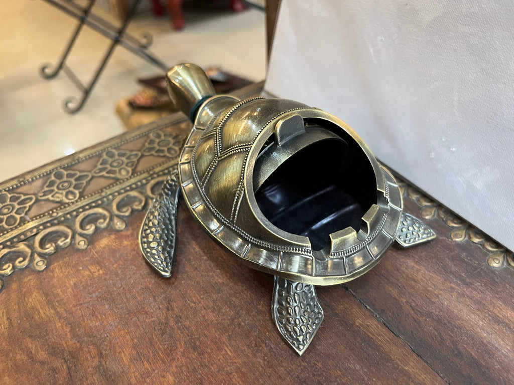Handcrafted Antique-Finish Metal Turtle Ashtray & Trinket Box