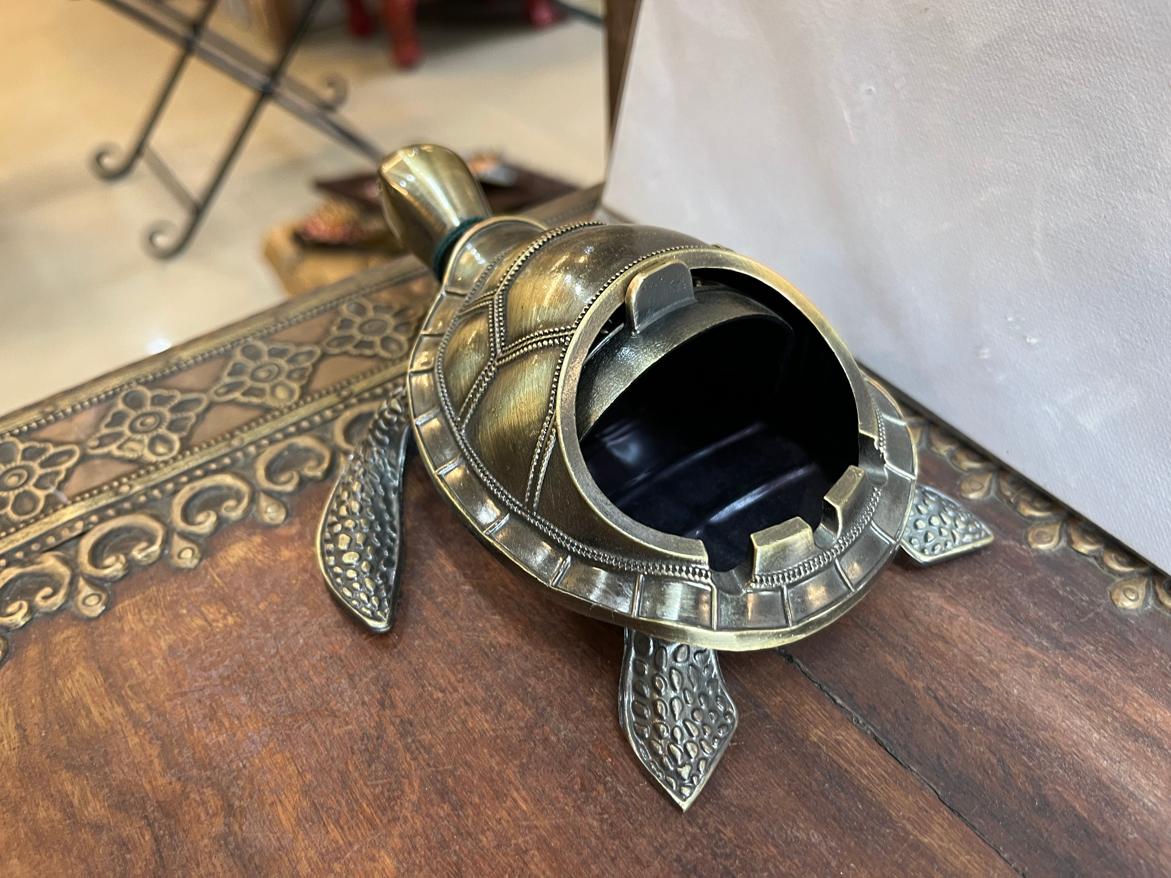 Handcrafted Antique-Finish Metal Turtle Ashtray & Trinket Box