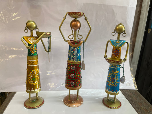 Handcrafted Metal Tribal Women T-Light Holders (Set of 3)