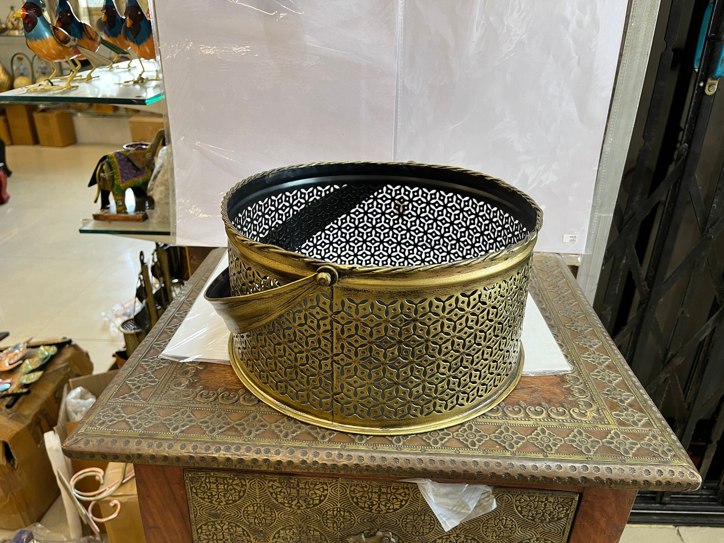 Handcrafted Antique Gold Metal Cut-Out Decorative Basket (Small)