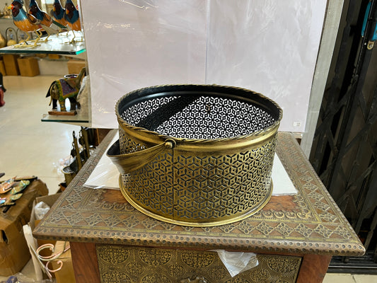 Handcrafted Antique Gold Metal Cut-Out Decorative Basket (Small)