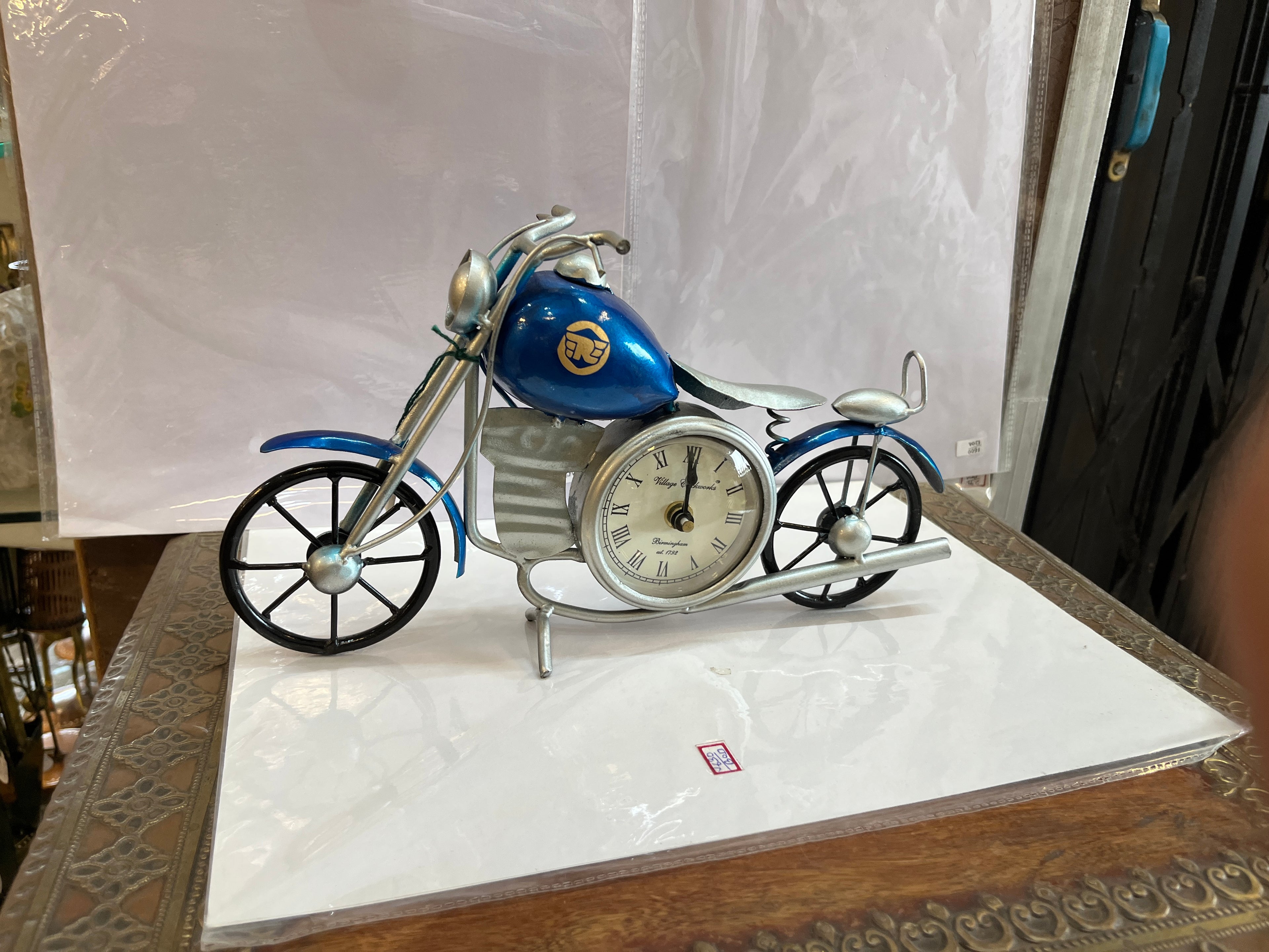 Handcrafted Blue Metal Motorcycle Clock Figurine