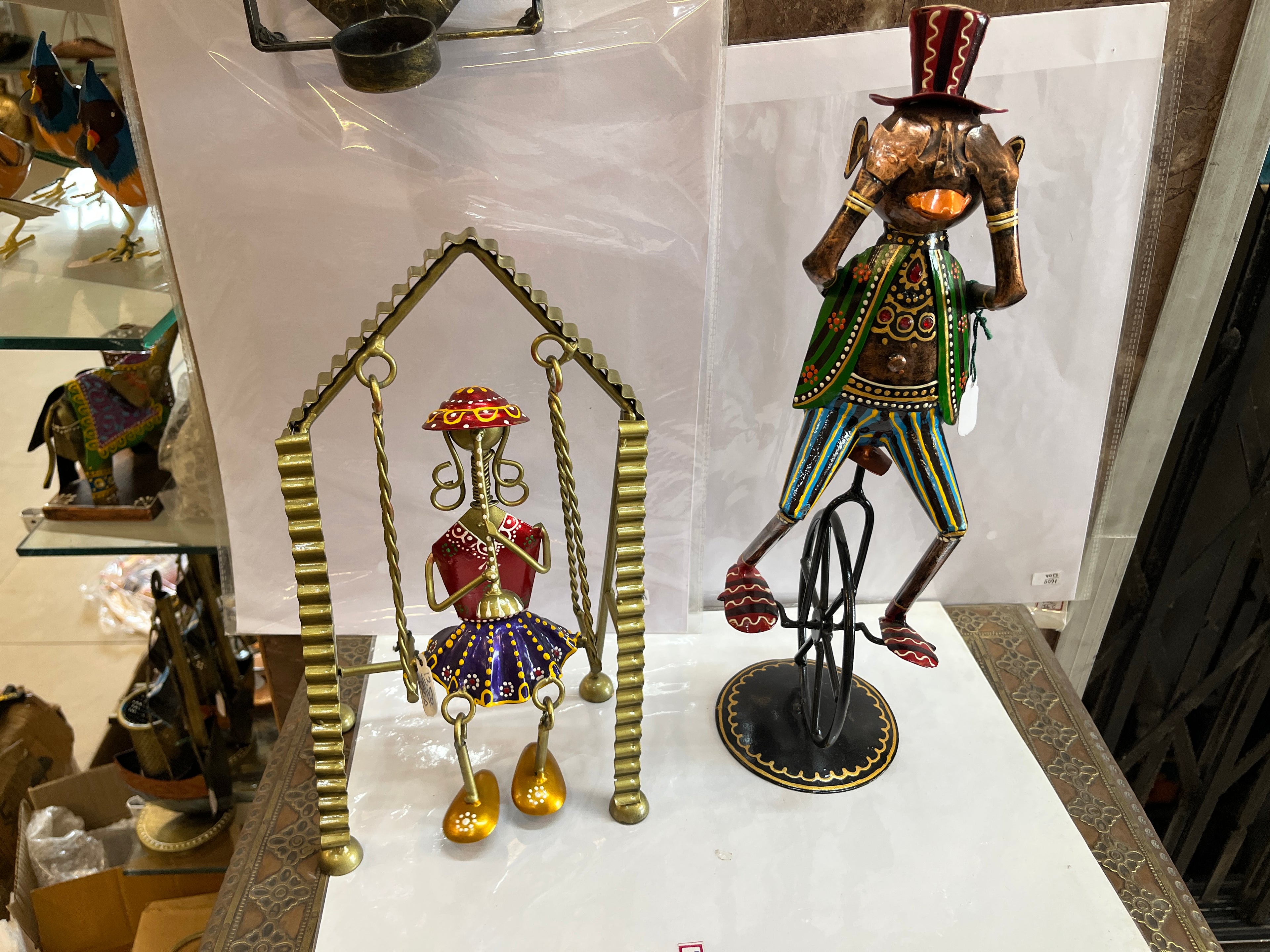 Handcrafted Metal Whimsical Figurines (Girl on Swing & Unicycle Monkey)