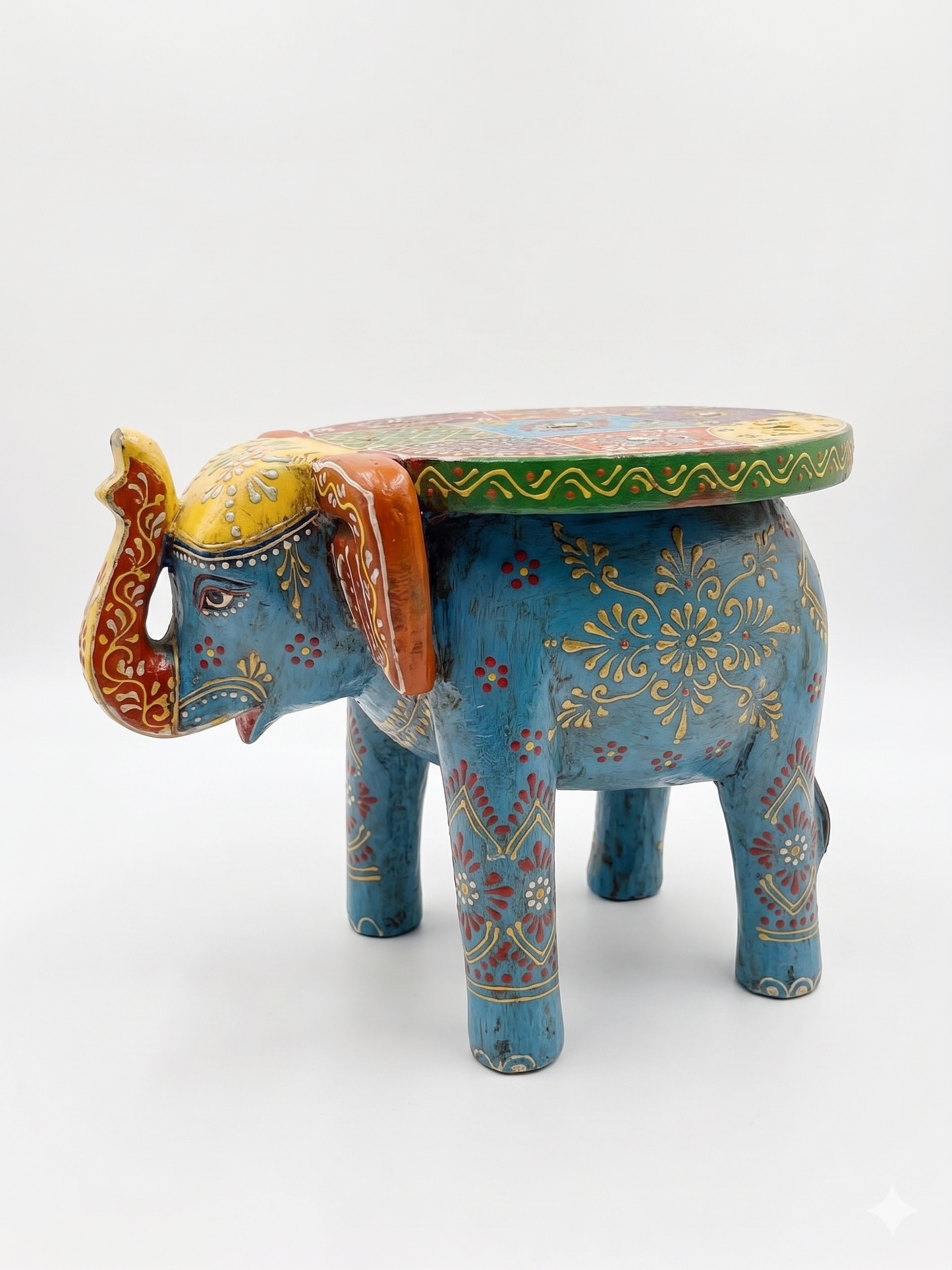 Rajasthani Hand-Painted Blue Wooden Elephant Stool